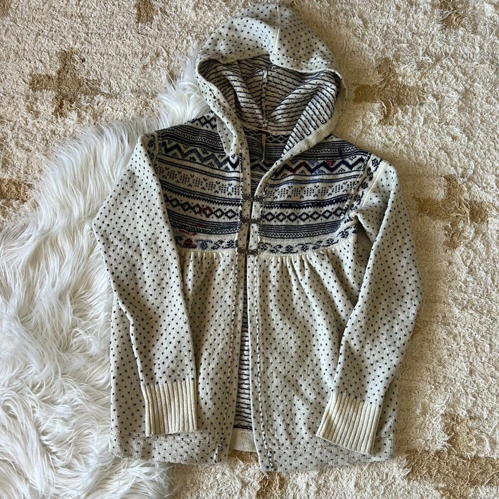 Free People Cream & Blue Fair Isle Pattern Hooded Cardigan Sweater S